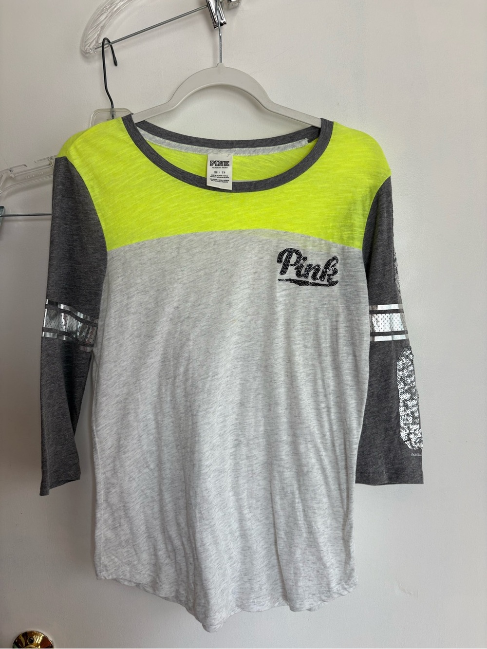 PINK Victoria's Secret Girls' Neon Yellow & Gray Colorblock 3/4 Sleeve Tee